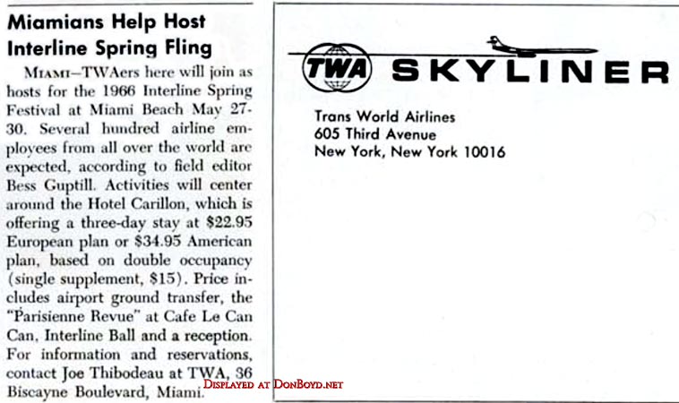 1966 - TWA Skyliner article about the 1966 Interline Spring Festival on Miami Beach