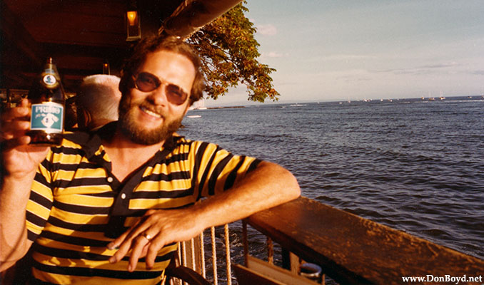 1978 - Don Boyd enjoying a fine Primo beer with dinner by the water in Maui at sunset