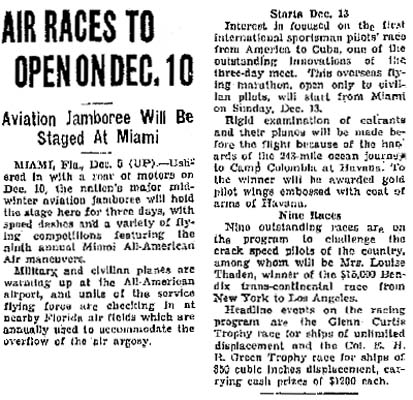 1936 - article about the 9th Annual All-American Air Races at All-American Airport, Dade County