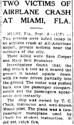 1936 - article about T. C. Chalks aircraft involved in crash at All-American Airport, Dade County