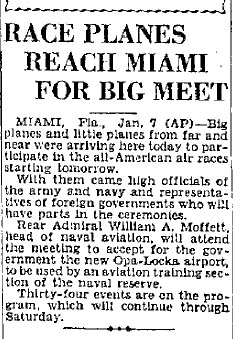 1931 - article about USN Rear Admiral William A. Moffett in town to accept the new airport for the government
