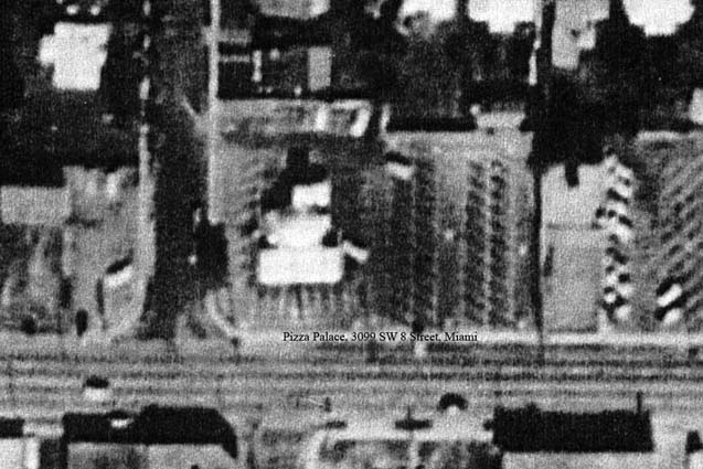 1960s - close aerial view of the Pizza Palace at 3099 SW 8th Street, Miami
