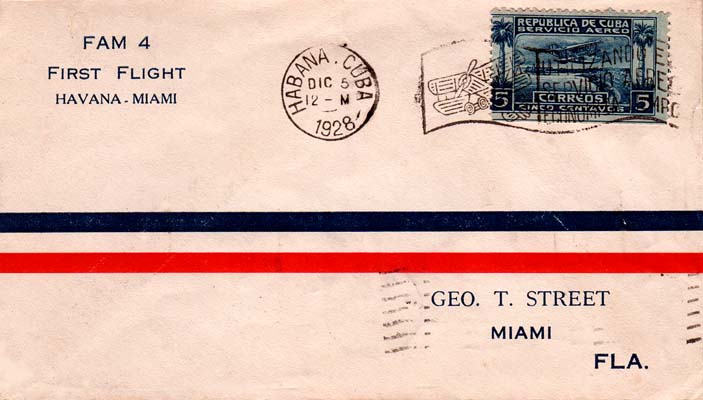 1928 - Pan American World Airways first flight from Havana to Miami first day cover to George T. Street