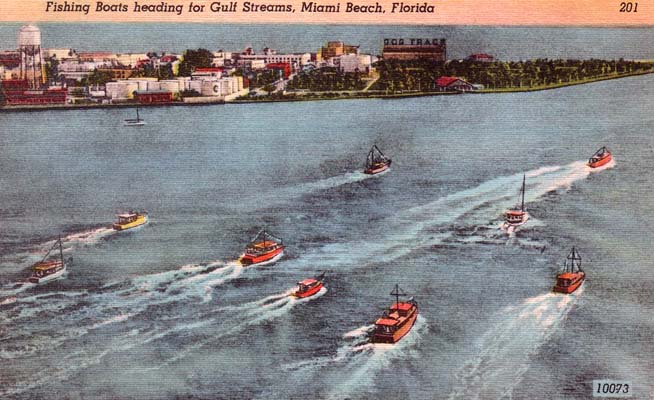 1940s - postcard of fishing boats in Government Cut heading for the Gulf Streams (sic)