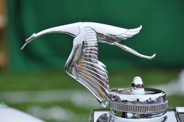 Hood ornament of 1935 Hispano-Suiza K6 Brandone Cabriolet, finalist for Best of Show award