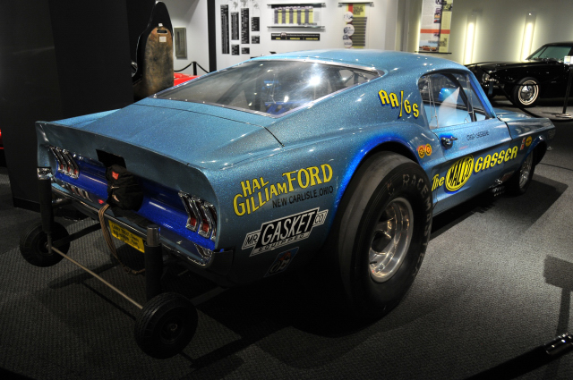 1967 Ford Mustang MALCO Gasser, from museum collection. In 1960s, gassers were mass-produced cars modified for drag racing.
