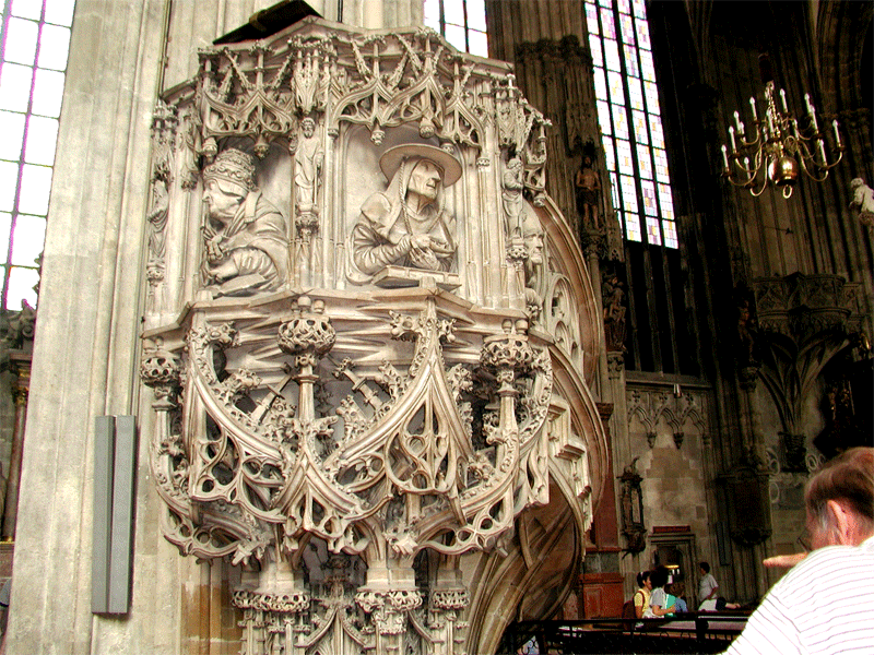 Intricate workmanship of the pulpit at St. Stephen's Cathedral