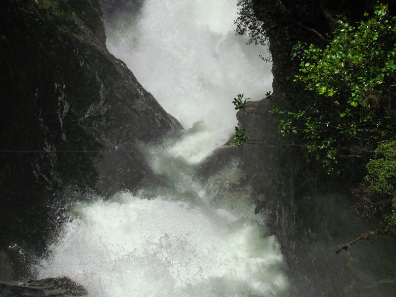 Waterfall flowing into Hollyford River (0628X)