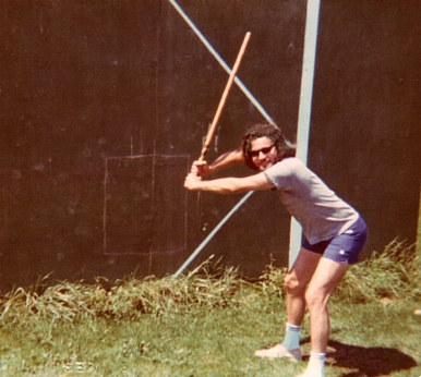 Richard hamming it up for the camera while introducing Brooklyn-style stickball to some midwest friends (Kent, OH -  early 70's)