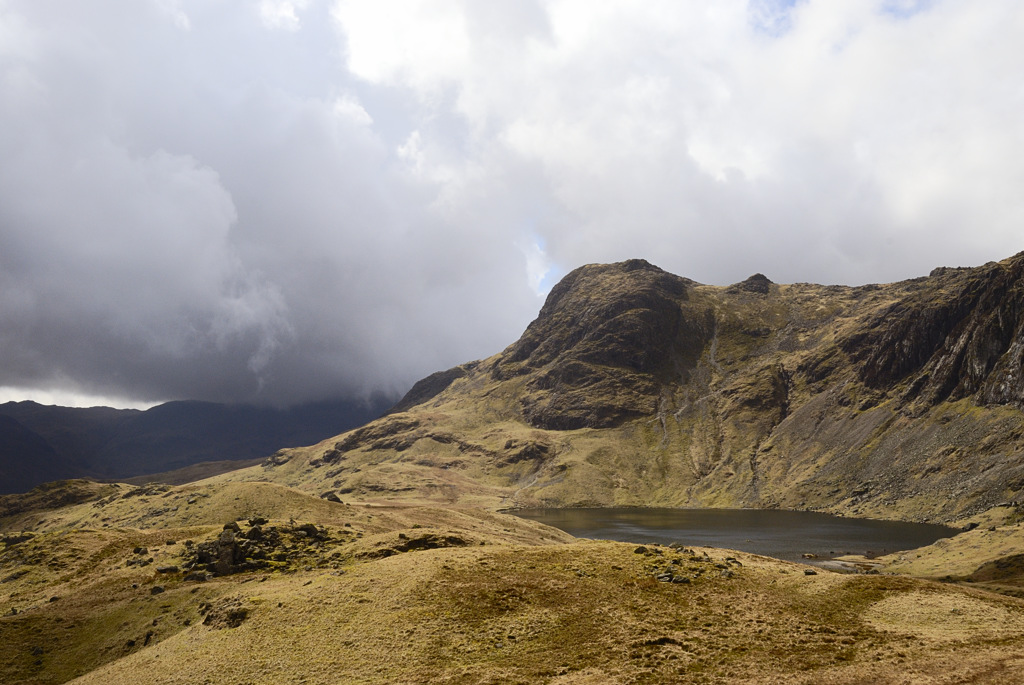 Harrisons Stickle and Stickle Tarn; Crinkle Crags disappearing into cloud at the left