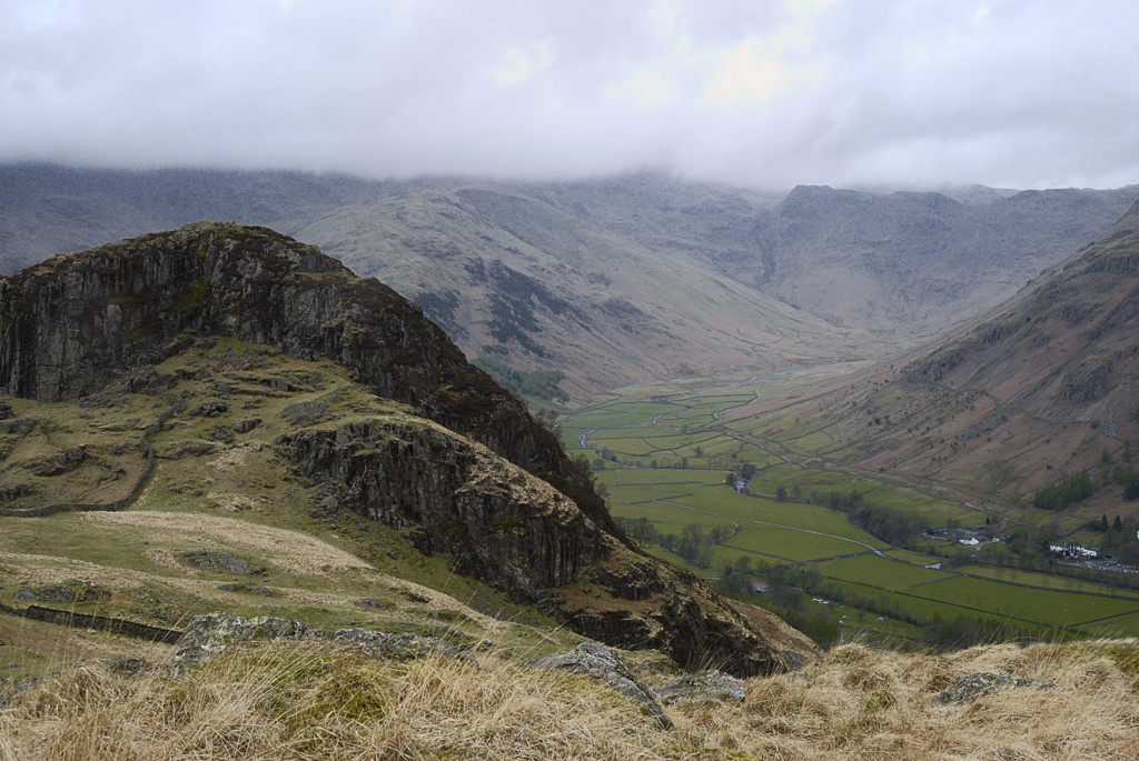 Side Pike of Lingmoor Fell; Old Dungeon Ghyll Hotel bottom right, Rossett Pike to Mansey Pike ridge top right
