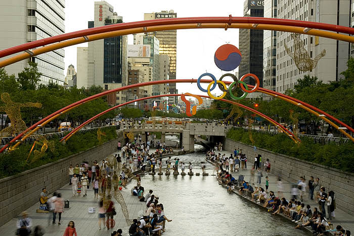 The revitalised Cheonggyecheon Stream in central Seoul
