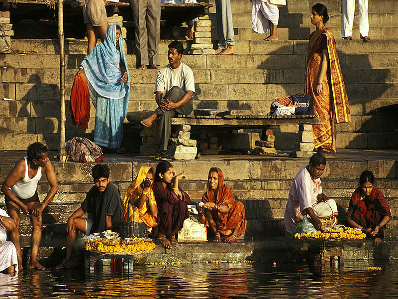 Pilgrims on the steps of a Ghat, Varanasi