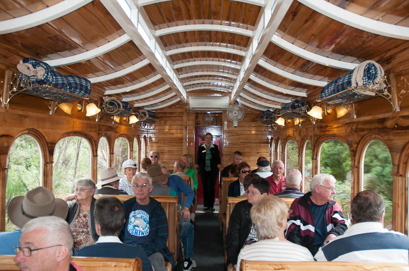 Inside the wood-panelled carriage