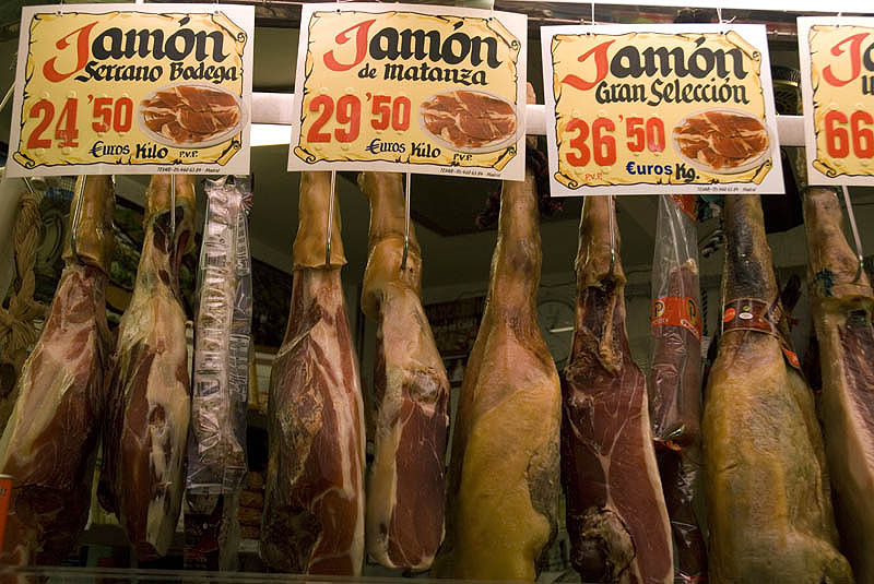 Hams for sale at Barcelo market, Madrid
