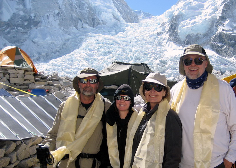 Jay, Shari, Jan and me with Bhuddist prayer scarfs -  just before leaving Everest Base Camp