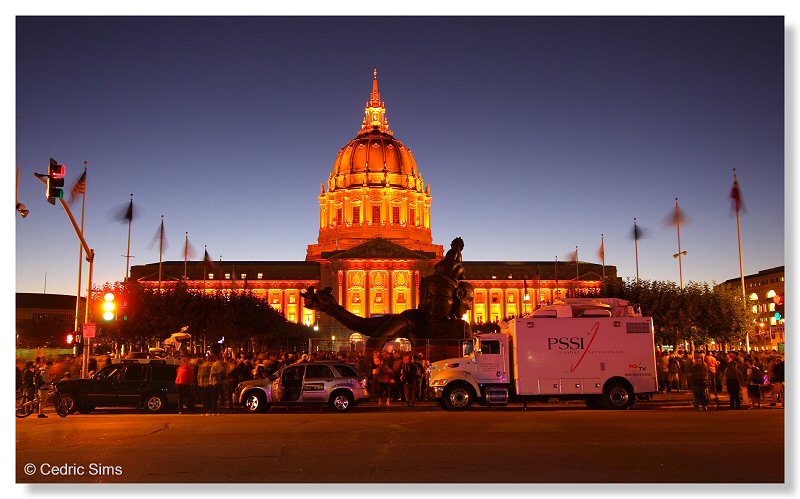 S.F. Giants Fans watching the game on the JumboTron @ City Hall