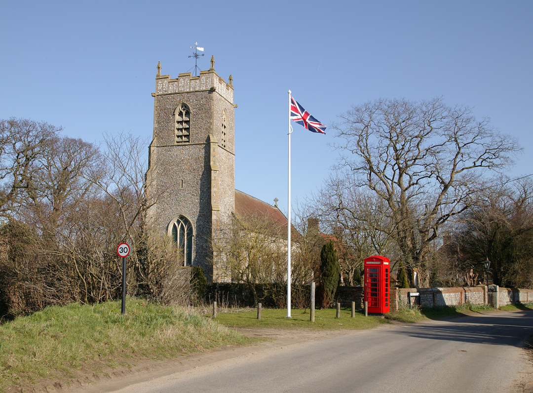 Plumstead Church showing new Flag Pole and Renovated Phone Box