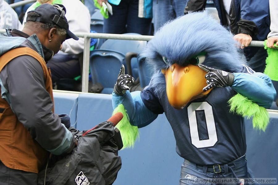 Seattle Seahawks mascot Blitz with CBS Sports cameraman Larry Frazier