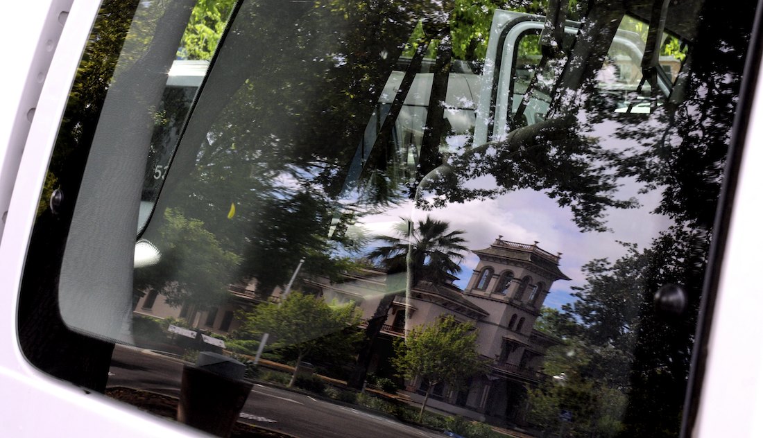 Bidwell Mansion in the Reflection of Our Van Window