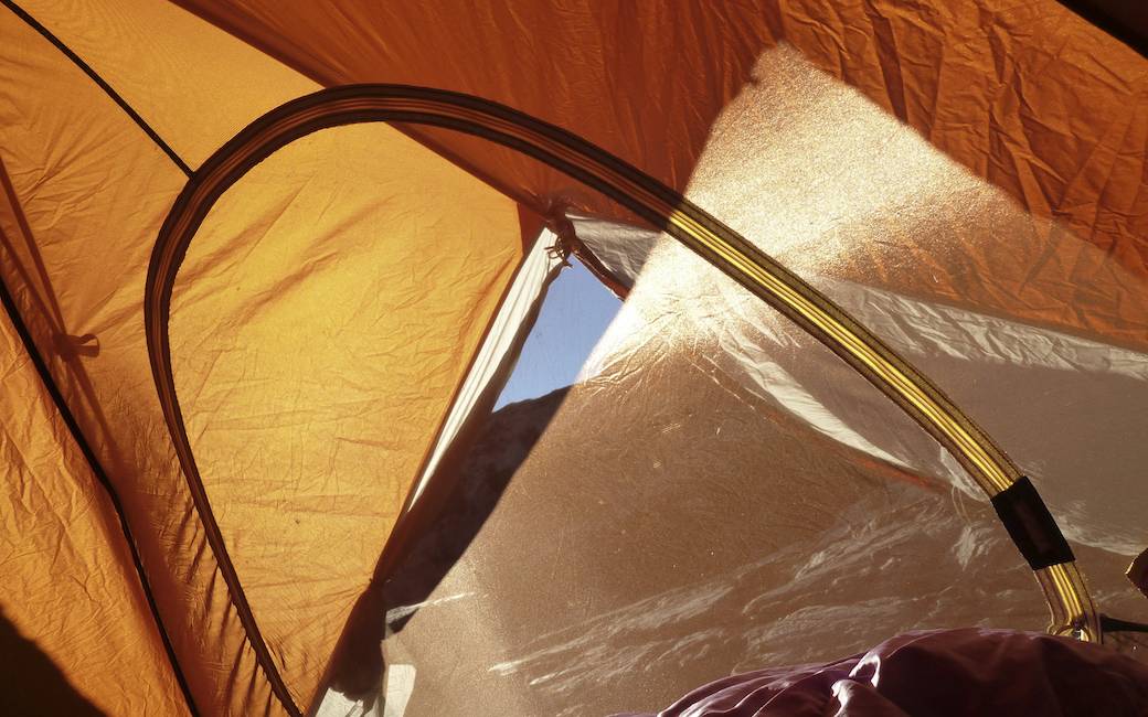 Sunlight washes over our tent in the morning.