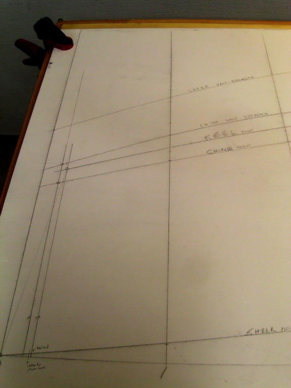 Completed lines at stern; plywood is 30 inches across. Rear transom line will define intersections.