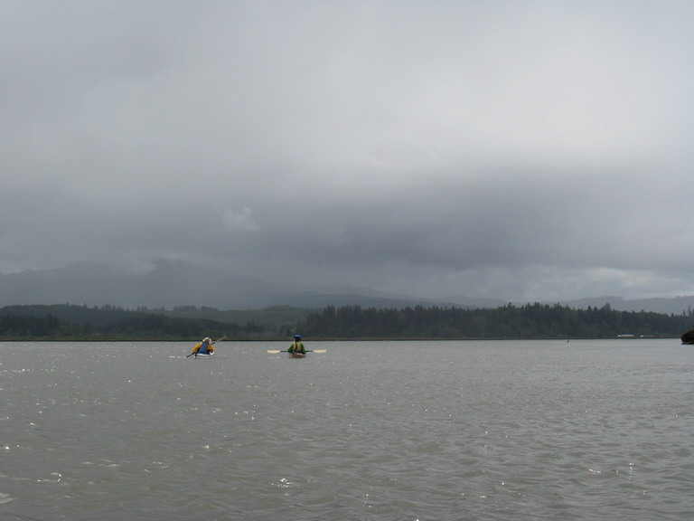 Down the channel toward Svensen Island, habitated by humans and cows.
