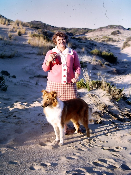 My Mum Ciss with unknown dog on beach