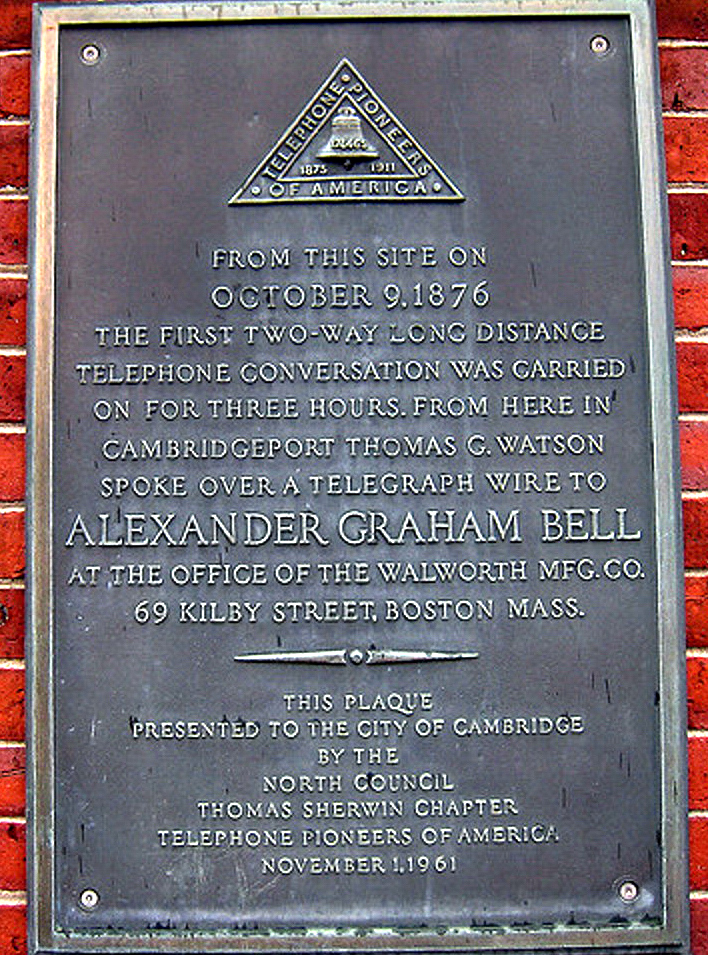 Plaque @  Main &Osborne Cambridge Factory Site - Bell & Watson used factory telegraph wire for first 2 way telephone call - 1876