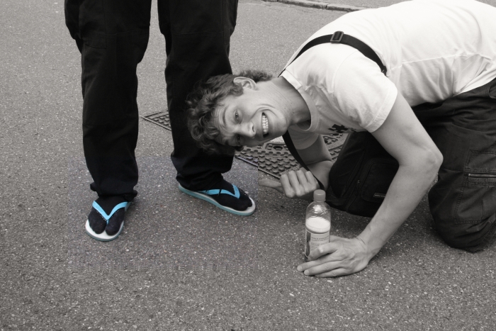 black socks and blue flip-flops