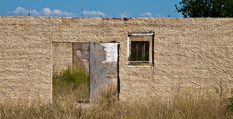 Wall, door, window, and weeds