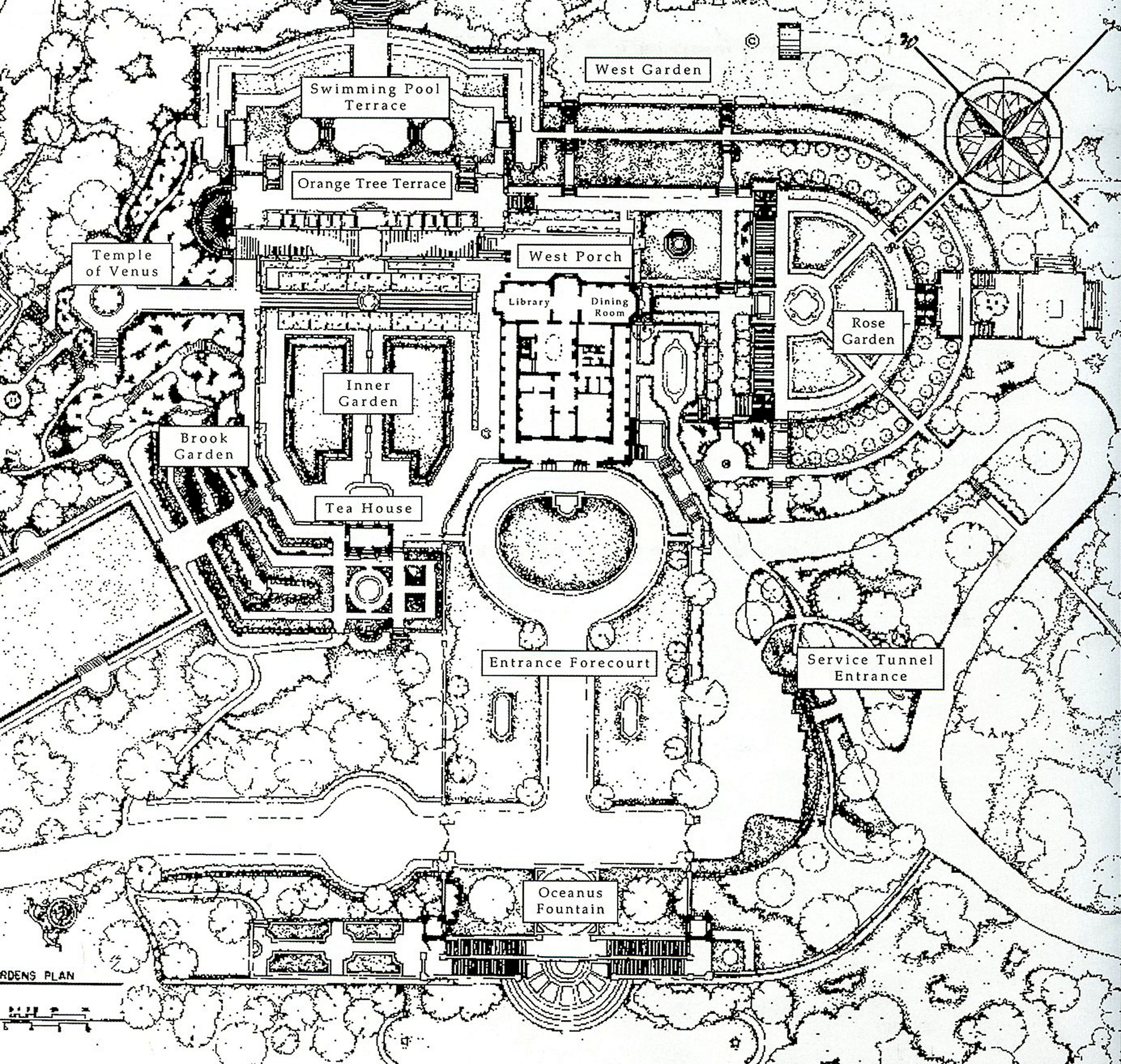 Garden plan of Kykuit with the house in the center.  The gardens were designed by William Welles Bosworth.