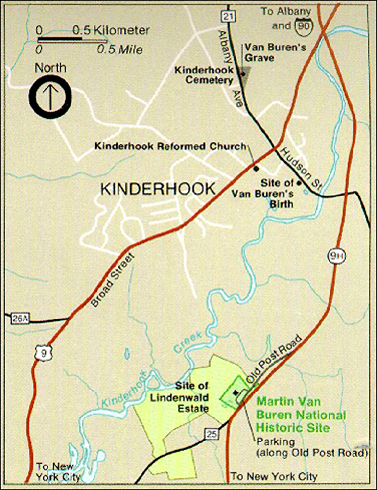 Map of Kinderhook, NY showing the location of Martin Van Burens house, Lindenwald.