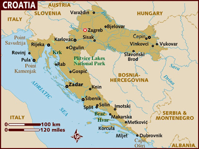 Map of Croatia with the star indicating Zagreb.