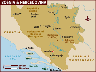 Map of Bosnia & Herzegovina with the star indicating Mostar.