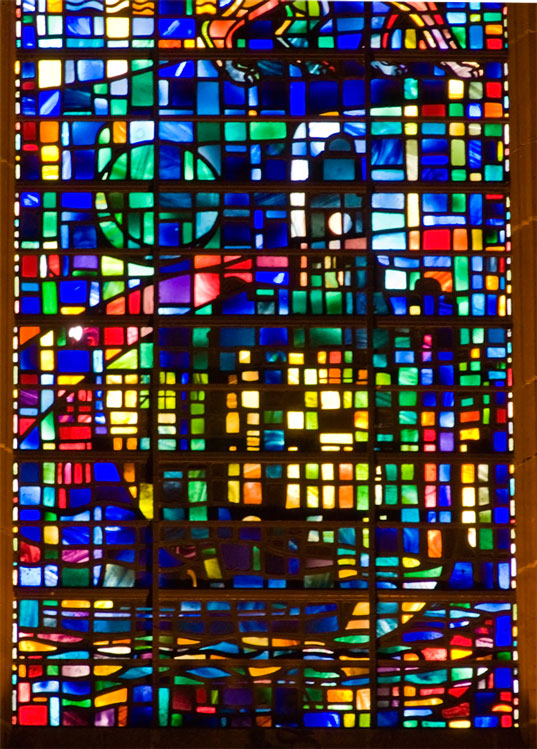 A portion of the West Window showing the Liver Buildings and a ferry on the Mersey
