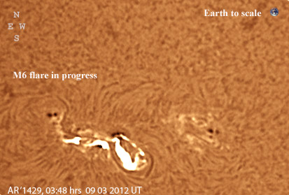 20120309 03:48 hrs UT  Ha  PST 1000mm  M6 flare in progress