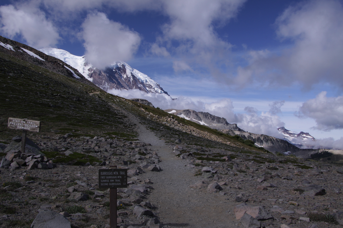 two miles into the hike, first glimpse of Rainier and the Burroughs trail marker