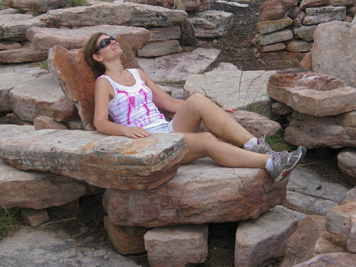 Donna resting in Fred Flinstones easy chair