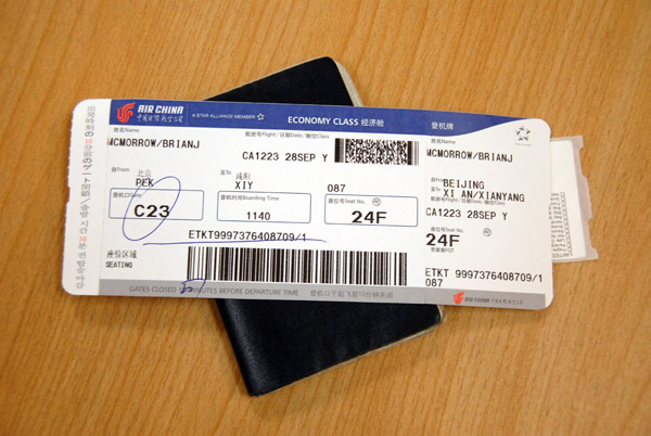 Air China boarding pass from Beijing to Xi'an, 28 Sep 2008