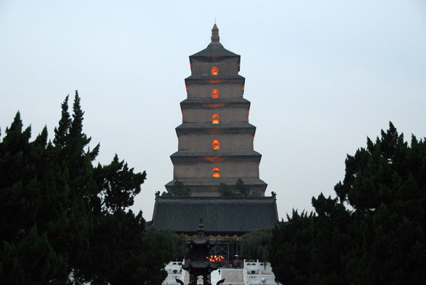 The lights of the Big Wild Goose Pagoda come on