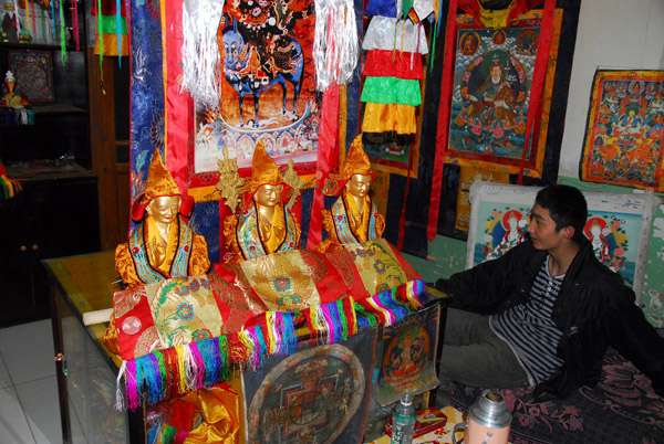 Shop in Barkhor with Thangka paintings and statues