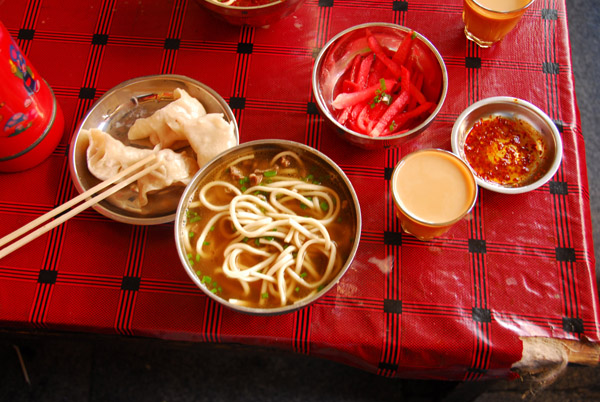 A simple but tasty lunch at Ani Sankhung Nunnery - noodles and momos (dumplings)