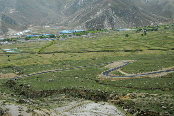 Looking down at the newly paved road leading up to Pabonka Monastery