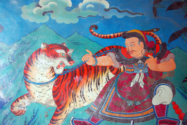 Mongol leading the chained tiger - Gelugpa (yellow hat) sect symbology