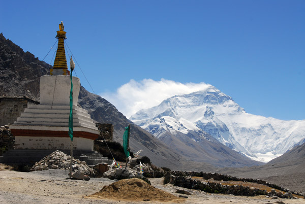 The stupa of Rongphu Monastery with the north face of Mt Everest