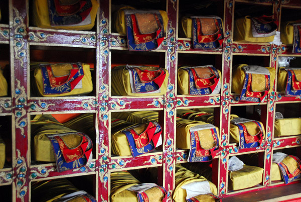 Sacred Tibetan books carefully wrapped, Rongphu Monastery