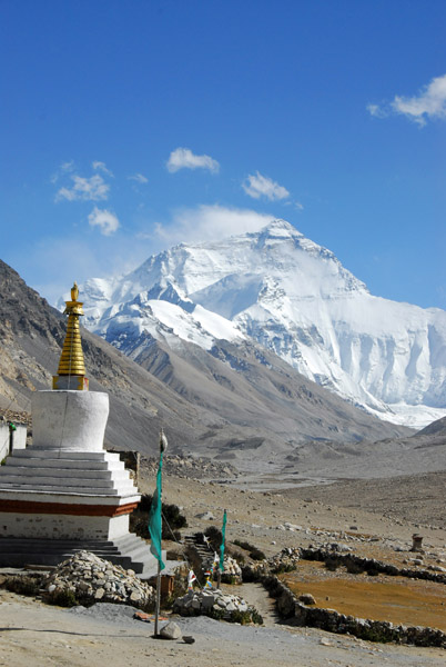 Mt Everest with the stupa of Rongphu Monastery