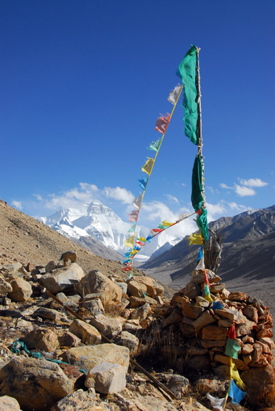 Prayer flags at Rongphu with Mt Everest