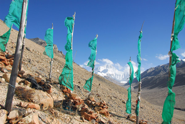 Mt Everest through the forest of green flags